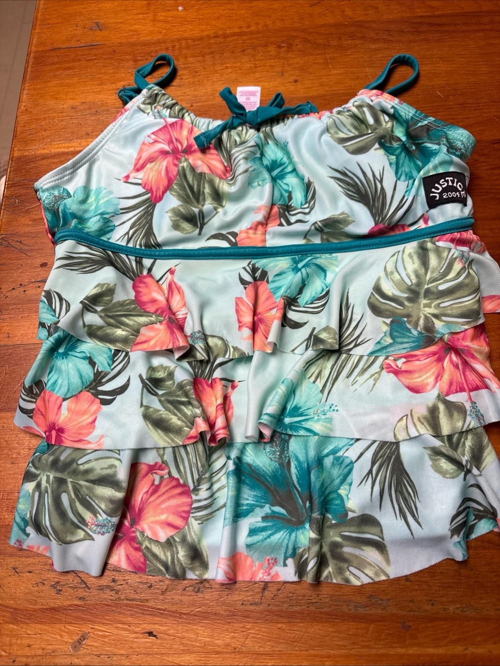 Justice Aqua Tropical Ruffle One-Piece Swimsuit with Coral & Teal Floral Print